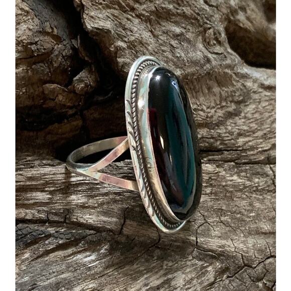 Black Onyx and Sterling Silver Vintage Ring, Size 9 Signed - Picture 5 of 6